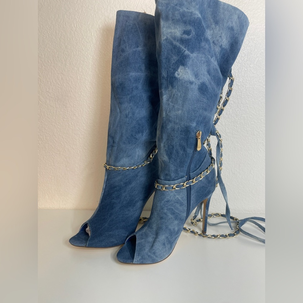 Kardashian Style Denim Slouchy Peep Toe Chain Boots NEVER WORN NWOT - Picture 5 of 10